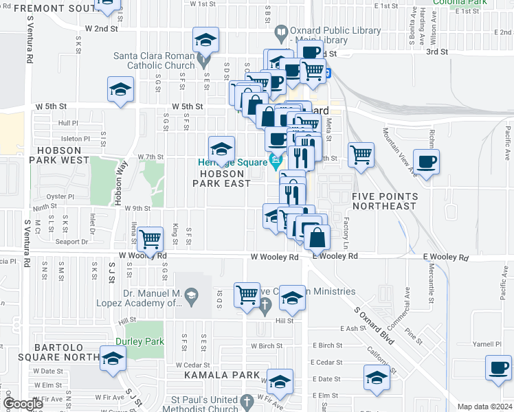 map of restaurants, bars, coffee shops, grocery stores, and more near 875 South B Street in Oxnard