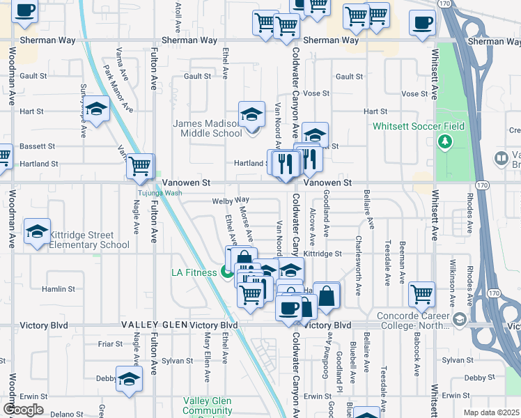 map of restaurants, bars, coffee shops, grocery stores, and more near 12961 Archwood Street in Los Angeles