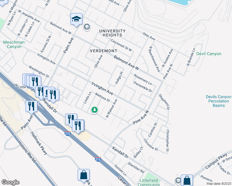 map of restaurants, bars, coffee shops, grocery stores, and more near 2731 Irvington Avenue in San Bernardino
