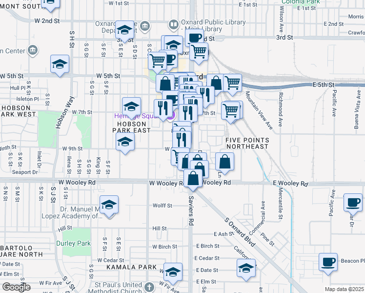 map of restaurants, bars, coffee shops, grocery stores, and more near 860 South A Street in Oxnard