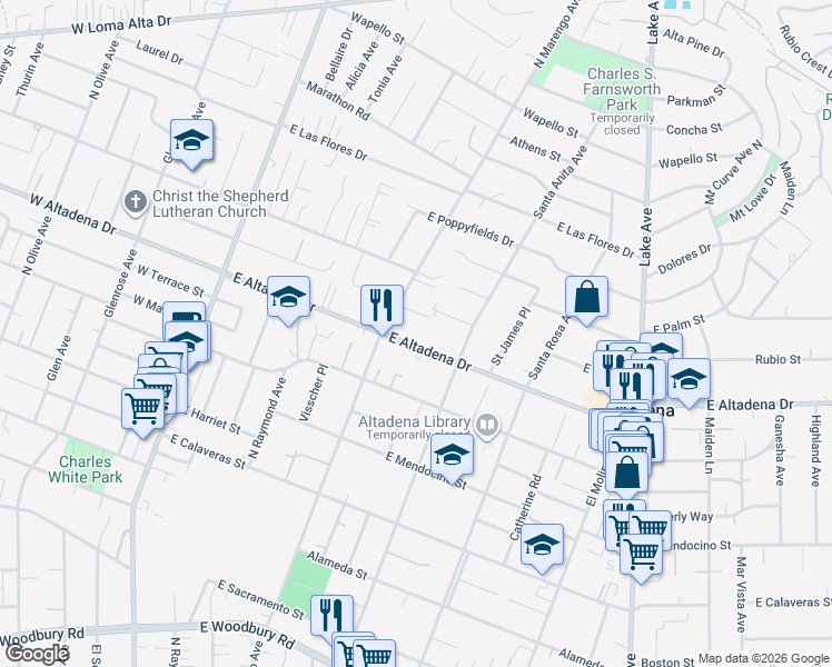 map of restaurants, bars, coffee shops, grocery stores, and more near 369 East Altadena Drive in Altadena