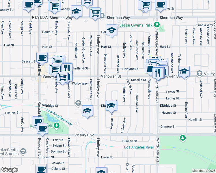map of restaurants, bars, coffee shops, grocery stores, and more near 18012 Welby Way in Los Angeles