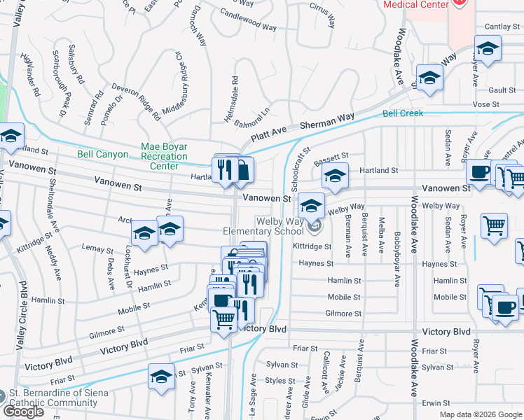 map of restaurants, bars, coffee shops, grocery stores, and more near 23615 Welby Way in Los Angeles
