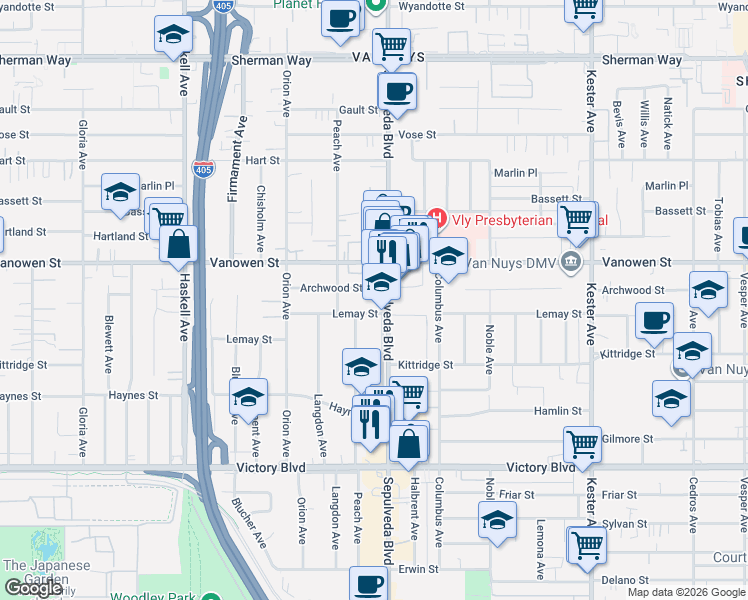 map of restaurants, bars, coffee shops, grocery stores, and more near 6716 North Royce Lane in Los Angeles