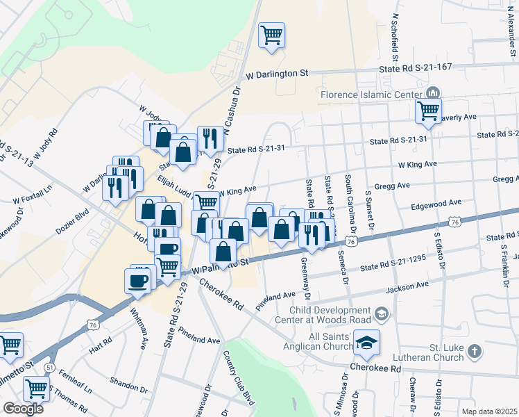 map of restaurants, bars, coffee shops, grocery stores, and more near 167 Queens Road in Florence