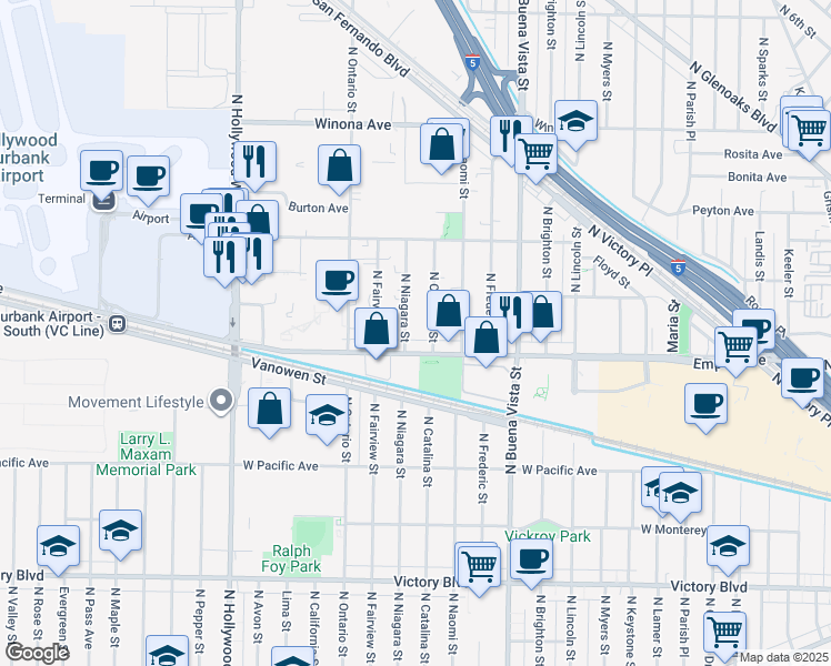 map of restaurants, bars, coffee shops, grocery stores, and more near 2217 North Niagara Street in Burbank