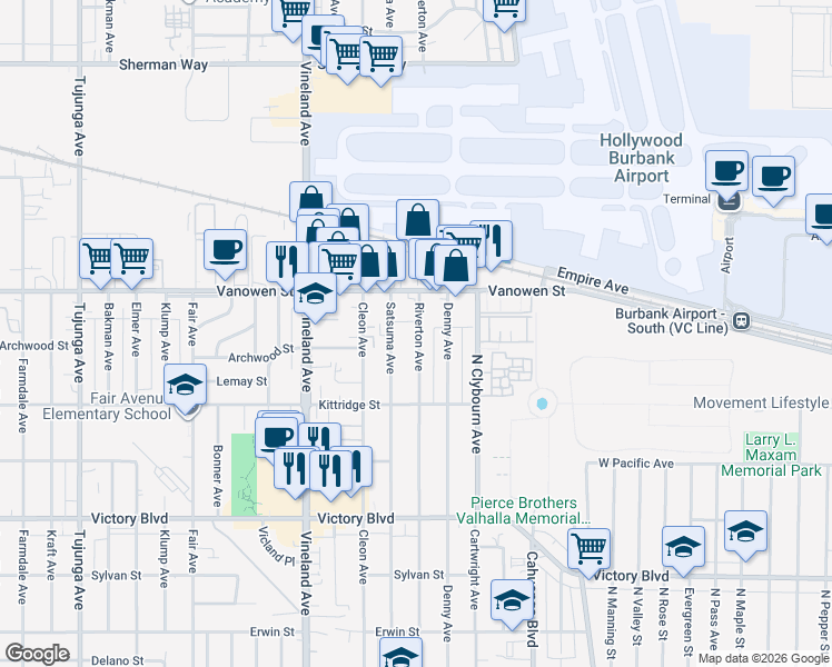 map of restaurants, bars, coffee shops, grocery stores, and more near 6711 Riverton Avenue in Los Angeles
