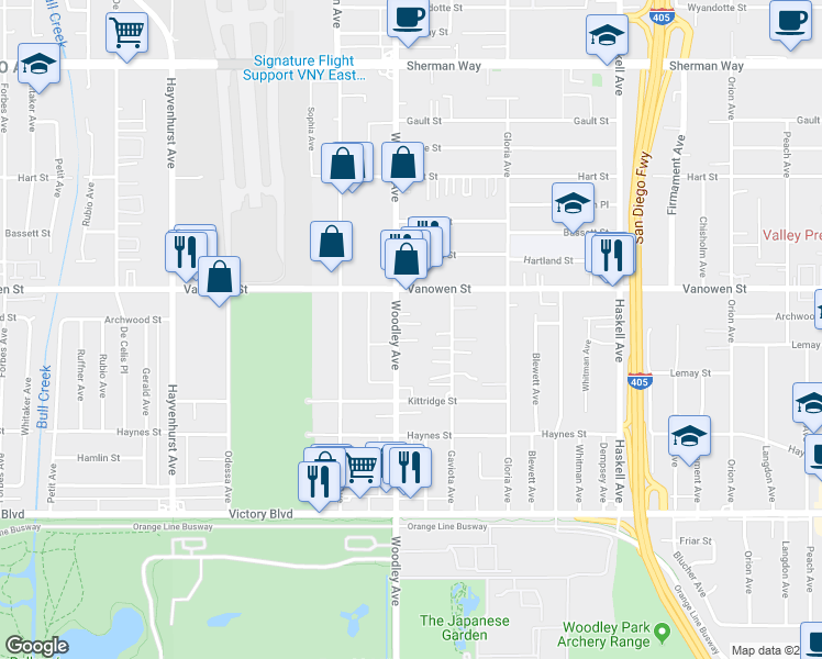 map of restaurants, bars, coffee shops, grocery stores, and more near 6710 Woodley Avenue in Los Angeles