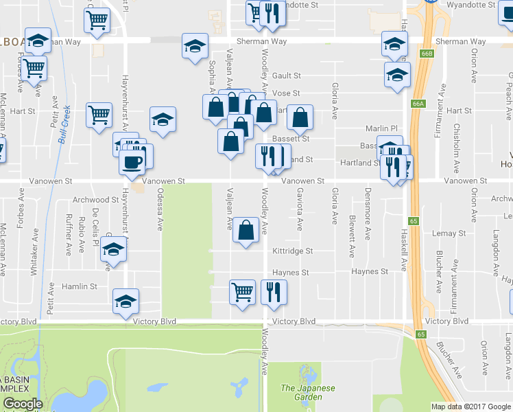 map of restaurants, bars, coffee shops, grocery stores, and more near 6710 Woodley Avenue in Los Angeles