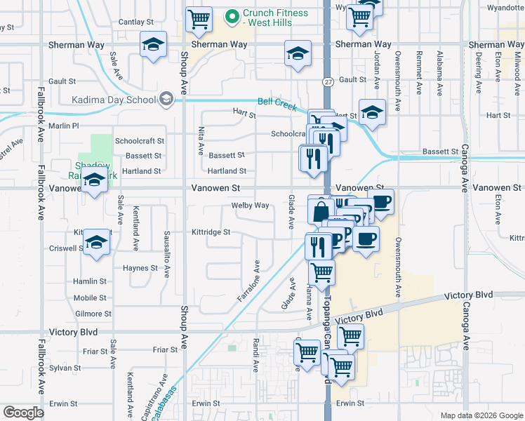 map of restaurants, bars, coffee shops, grocery stores, and more near 6715 Nevada Avenue in Los Angeles