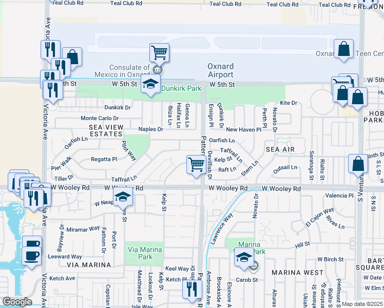 map of restaurants, bars, coffee shops, grocery stores, and more near 3000 Taffrail Lane in Oxnard