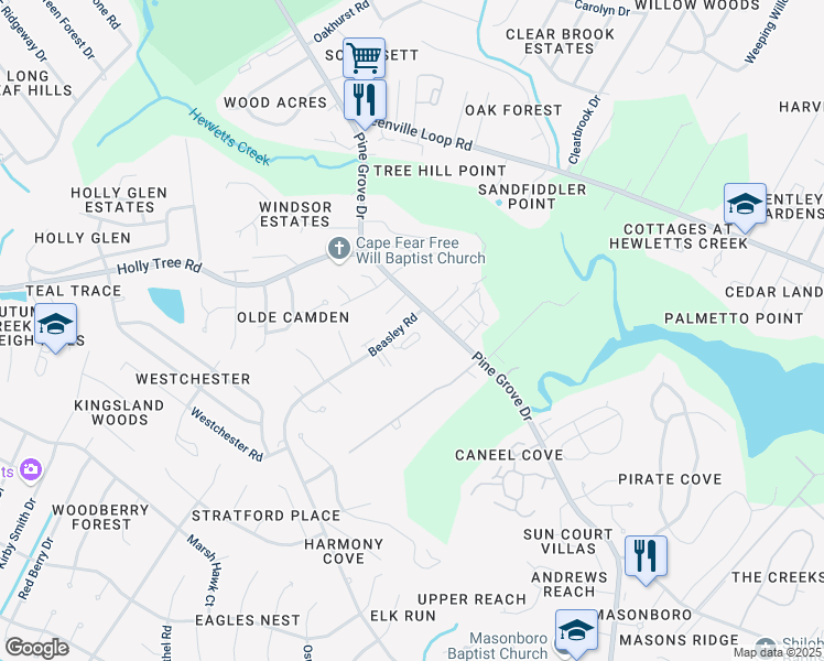 map of restaurants, bars, coffee shops, grocery stores, and more near 122 Beasley Road in Wilmington