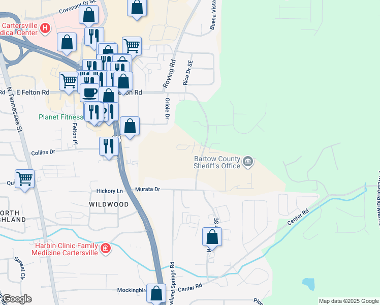 map of restaurants, bars, coffee shops, grocery stores, and more near 1400 Stonehaven Circle in Cartersville