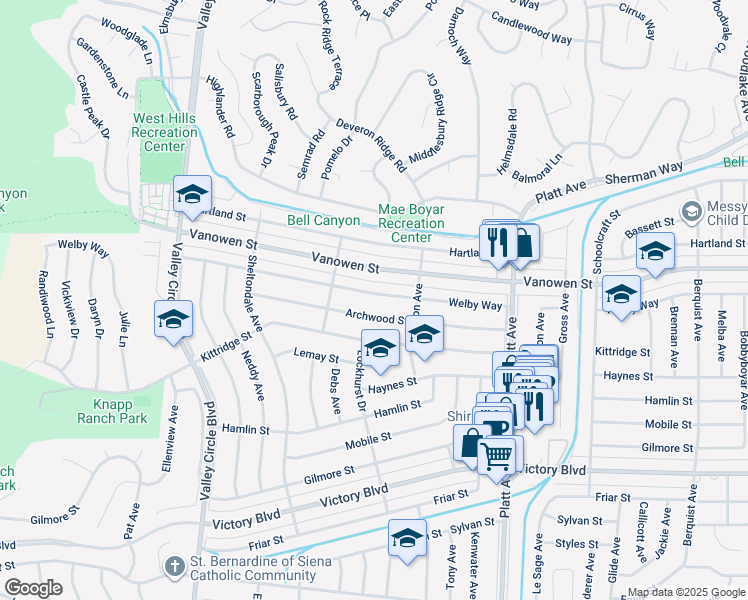 map of restaurants, bars, coffee shops, grocery stores, and more near 23952 Welby Way in Los Angeles