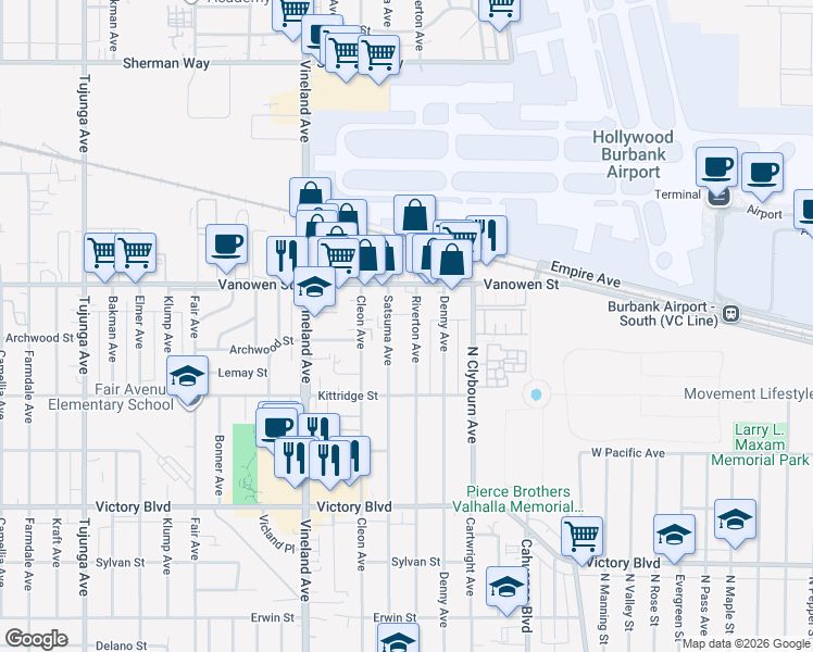 map of restaurants, bars, coffee shops, grocery stores, and more near 6713 Riverton Avenue in Los Angeles