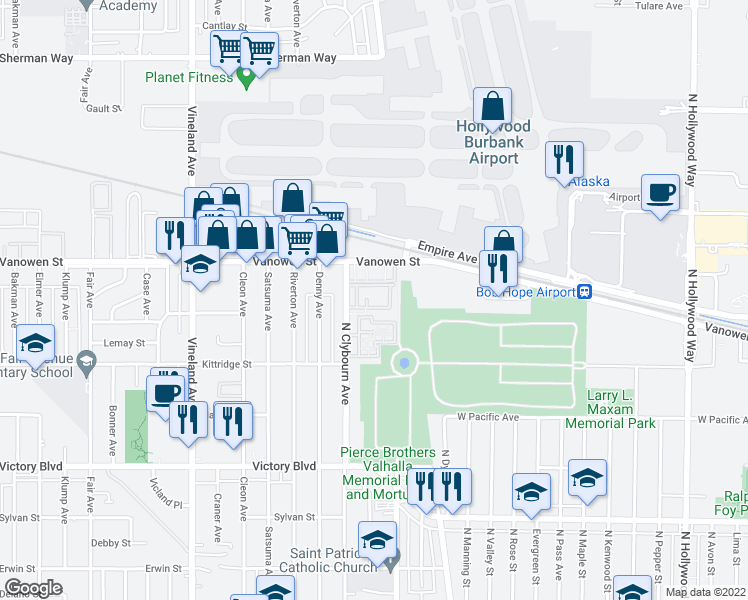 map of restaurants, bars, coffee shops, grocery stores, and more near 6626 Clybourn Avenue in Los Angeles