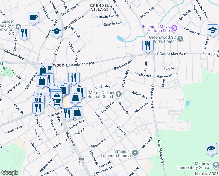 map of restaurants, bars, coffee shops, grocery stores, and more near 511 Hall Avenue in Greenwood