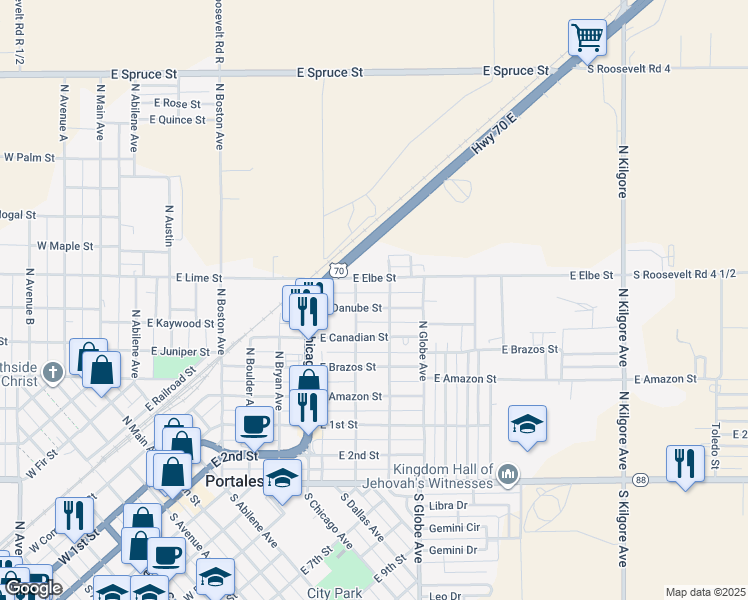map of restaurants, bars, coffee shops, grocery stores, and more near 917 East Danube Street in Portales