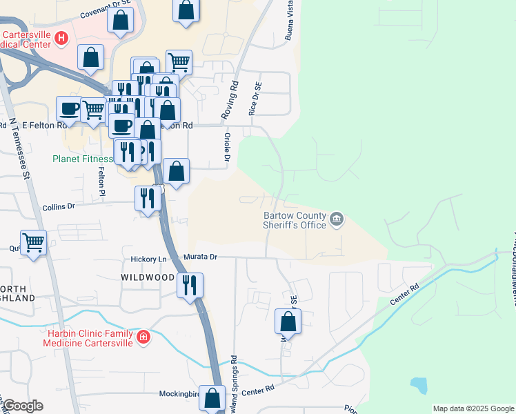 map of restaurants, bars, coffee shops, grocery stores, and more near 1400 Stonehaven Circle in Cartersville