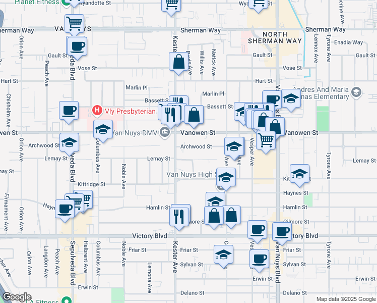map of restaurants, bars, coffee shops, grocery stores, and more near 14830 Archwood Street in Los Angeles