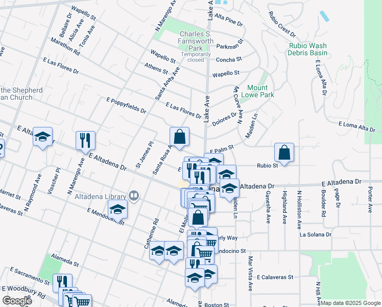 map of restaurants, bars, coffee shops, grocery stores, and more near 719 East Palm Street in Altadena