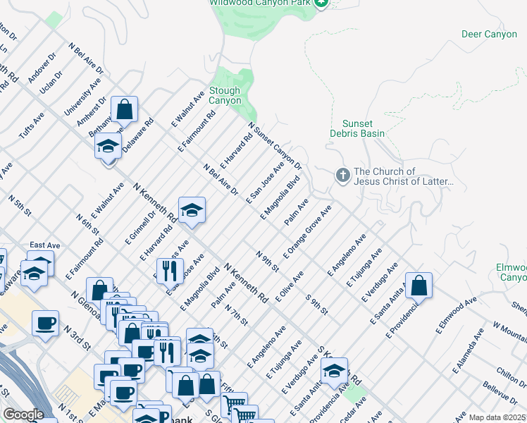 map of restaurants, bars, coffee shops, grocery stores, and more near 400 North Bel Aire Drive in Burbank