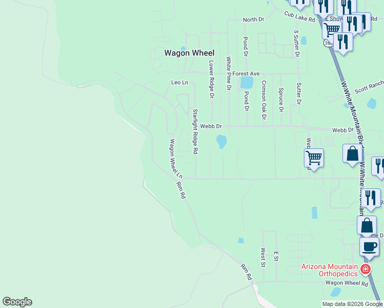 map of restaurants, bars, coffee shops, grocery stores, and more near 6895 Mercury Drive in Pinetop-Lakeside