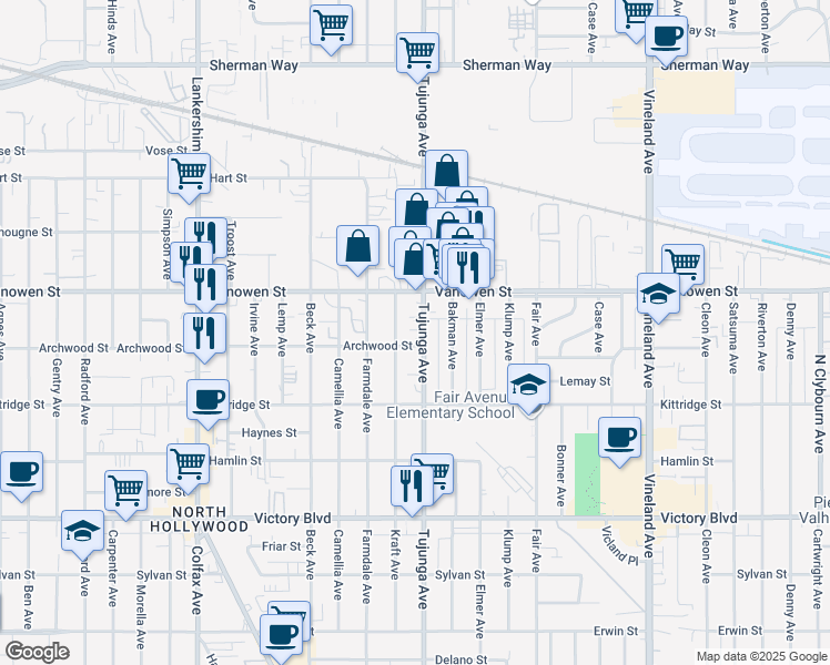 map of restaurants, bars, coffee shops, grocery stores, and more near 6708 Kraft Avenue in Los Angeles