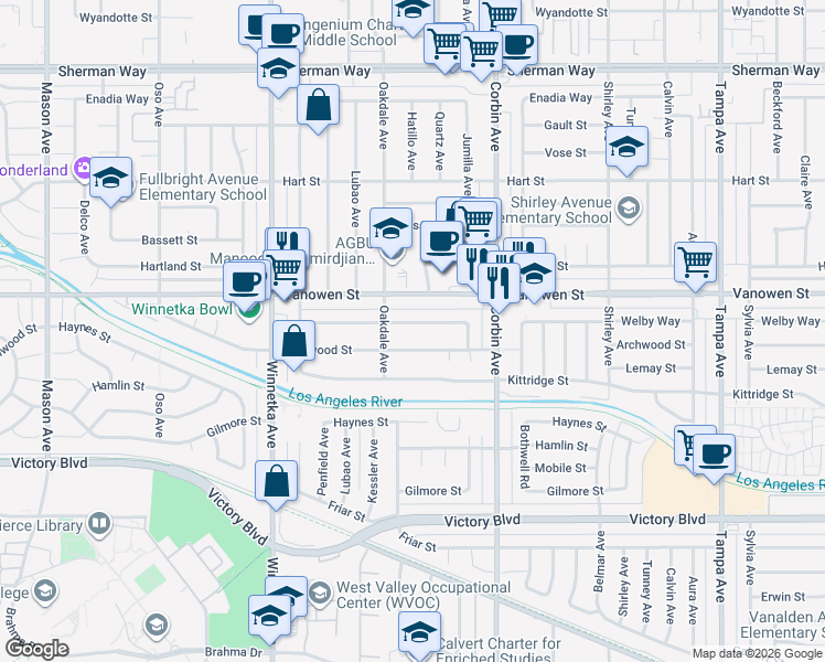map of restaurants, bars, coffee shops, grocery stores, and more near 19832 Welby Way in Los Angeles