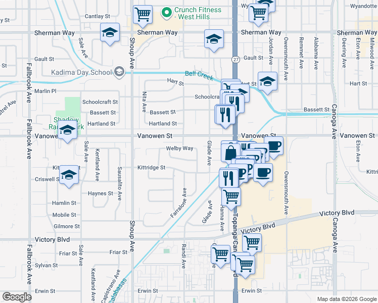 map of restaurants, bars, coffee shops, grocery stores, and more near 6715 Nevada Avenue in Los Angeles