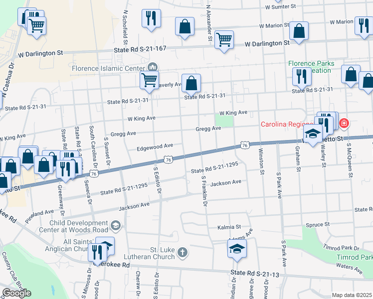 map of restaurants, bars, coffee shops, grocery stores, and more near 1113 West Palmetto Street in Florence