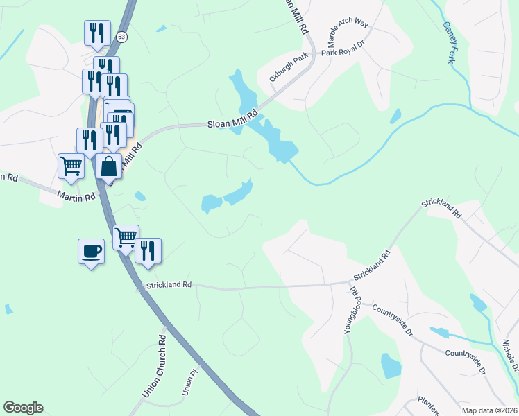 map of restaurants, bars, coffee shops, grocery stores, and more near 4827 Upper Berkshire Road in Flowery Branch