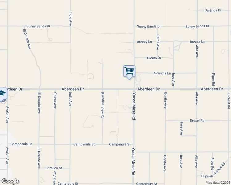 map of restaurants, bars, coffee shops, grocery stores, and more near 3300 Marvin Drive in Yucca Valley