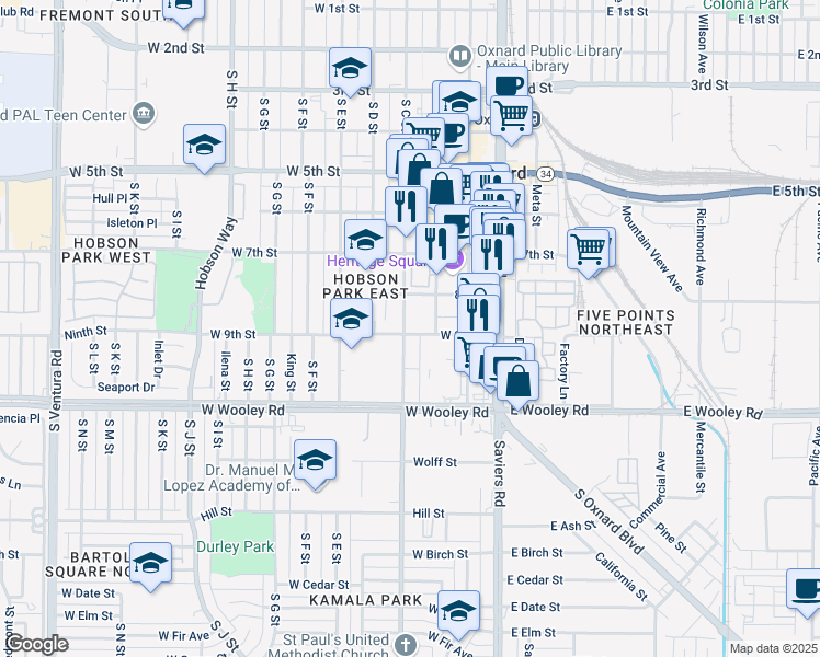 map of restaurants, bars, coffee shops, grocery stores, and more near 859 South B Street in Oxnard