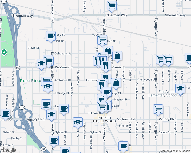 map of restaurants, bars, coffee shops, grocery stores, and more near 11744 Welby Way in Los Angeles