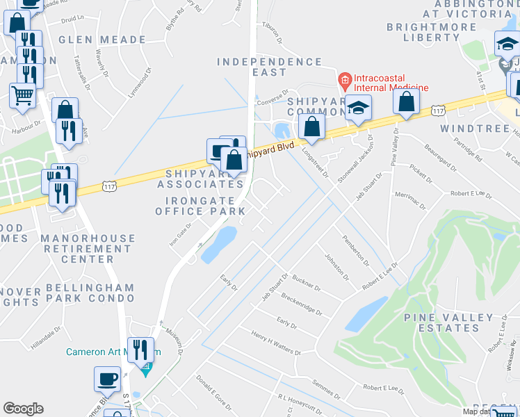 map of restaurants, bars, coffee shops, grocery stores, and more near 2537 Costmary Lane in Wilmington