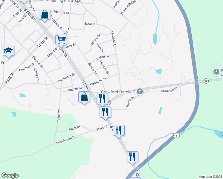 map of restaurants, bars, coffee shops, grocery stores, and more near 173 Madison Street in Commerce