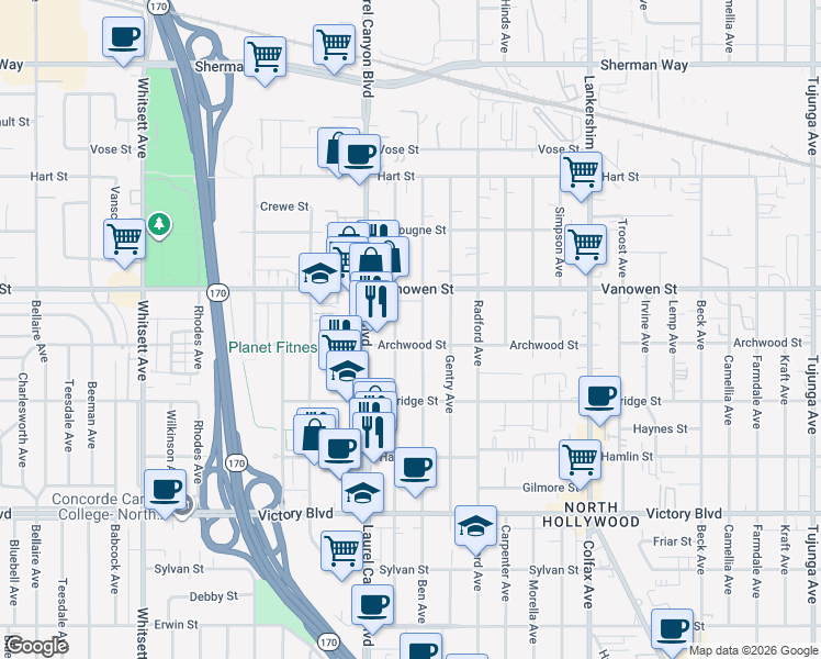 map of restaurants, bars, coffee shops, grocery stores, and more near 6710 Agnes Avenue in Los Angeles