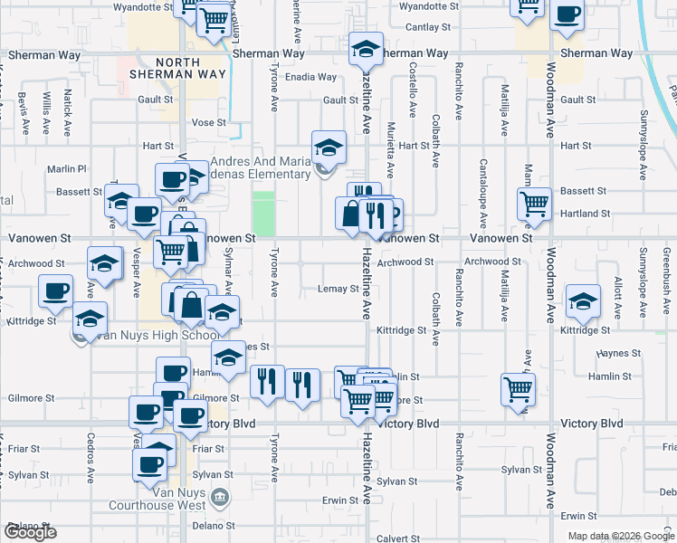 map of restaurants, bars, coffee shops, grocery stores, and more near 14138 Archwood Street in Los Angeles