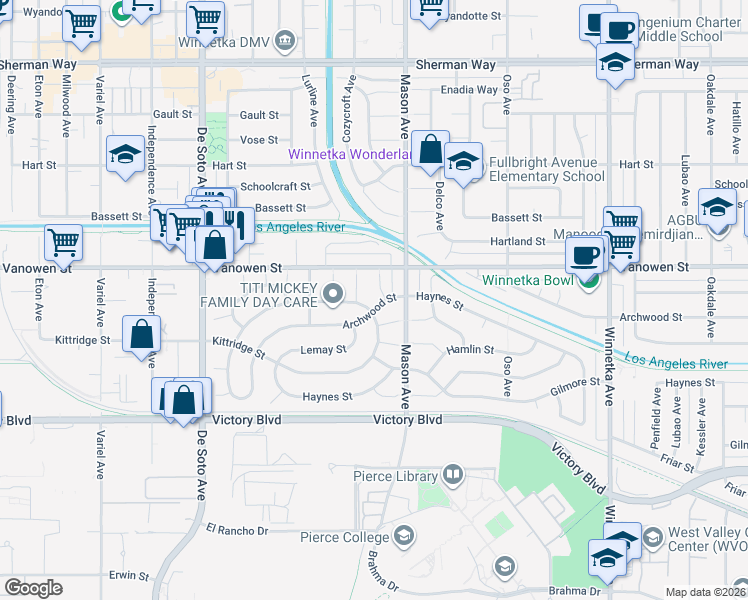 map of restaurants, bars, coffee shops, grocery stores, and more near 20533 Archwood Street in Los Angeles