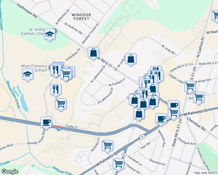 map of restaurants, bars, coffee shops, grocery stores, and more near 102 North Lakewood Drive in Florence