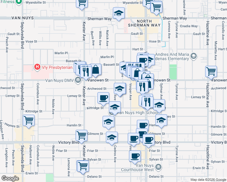 map of restaurants, bars, coffee shops, grocery stores, and more near 6711 Cedros Avenue in Los Angeles