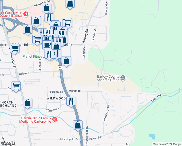 map of restaurants, bars, coffee shops, grocery stores, and more near 12001206 Stonehaven Cir in Cartersville