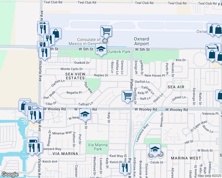 map of restaurants, bars, coffee shops, grocery stores, and more near 3100 Taffrail Lane in Oxnard