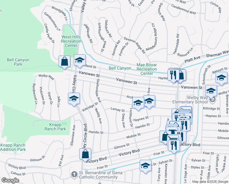 map of restaurants, bars, coffee shops, grocery stores, and more near 24125 Archwood Street in Los Angeles