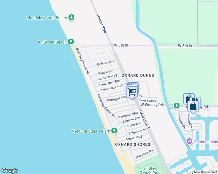map of restaurants, bars, coffee shops, grocery stores, and more near 5245 Seabreeze Way in Oxnard