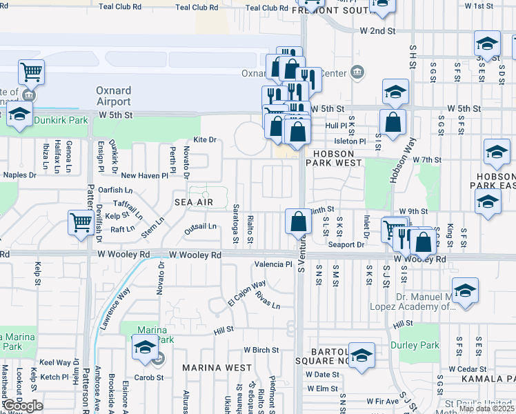 map of restaurants, bars, coffee shops, grocery stores, and more near 1721 Ninth Street in Oxnard