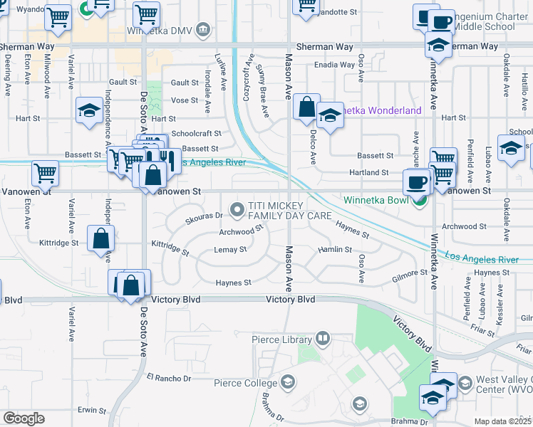 map of restaurants, bars, coffee shops, grocery stores, and more near 20533 Archwood Street in Los Angeles