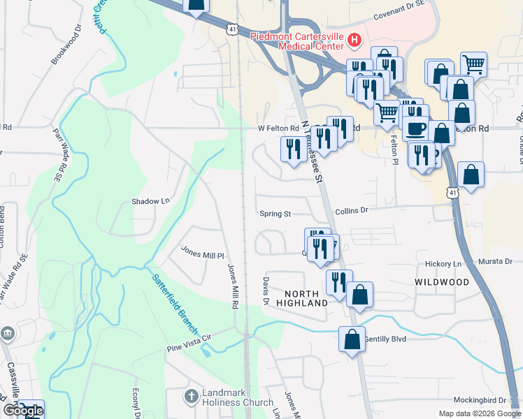 map of restaurants, bars, coffee shops, grocery stores, and more near 19 Spring Street in Cartersville