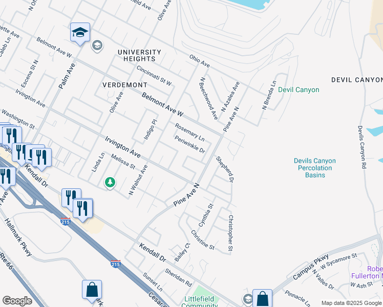 map of restaurants, bars, coffee shops, grocery stores, and more near 2574 Poppy Drive West in San Bernardino